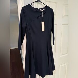 Halston Heritage Women 10 Dress Ponte Knit Cutout Black Flare Mini 3/4 Sleeve